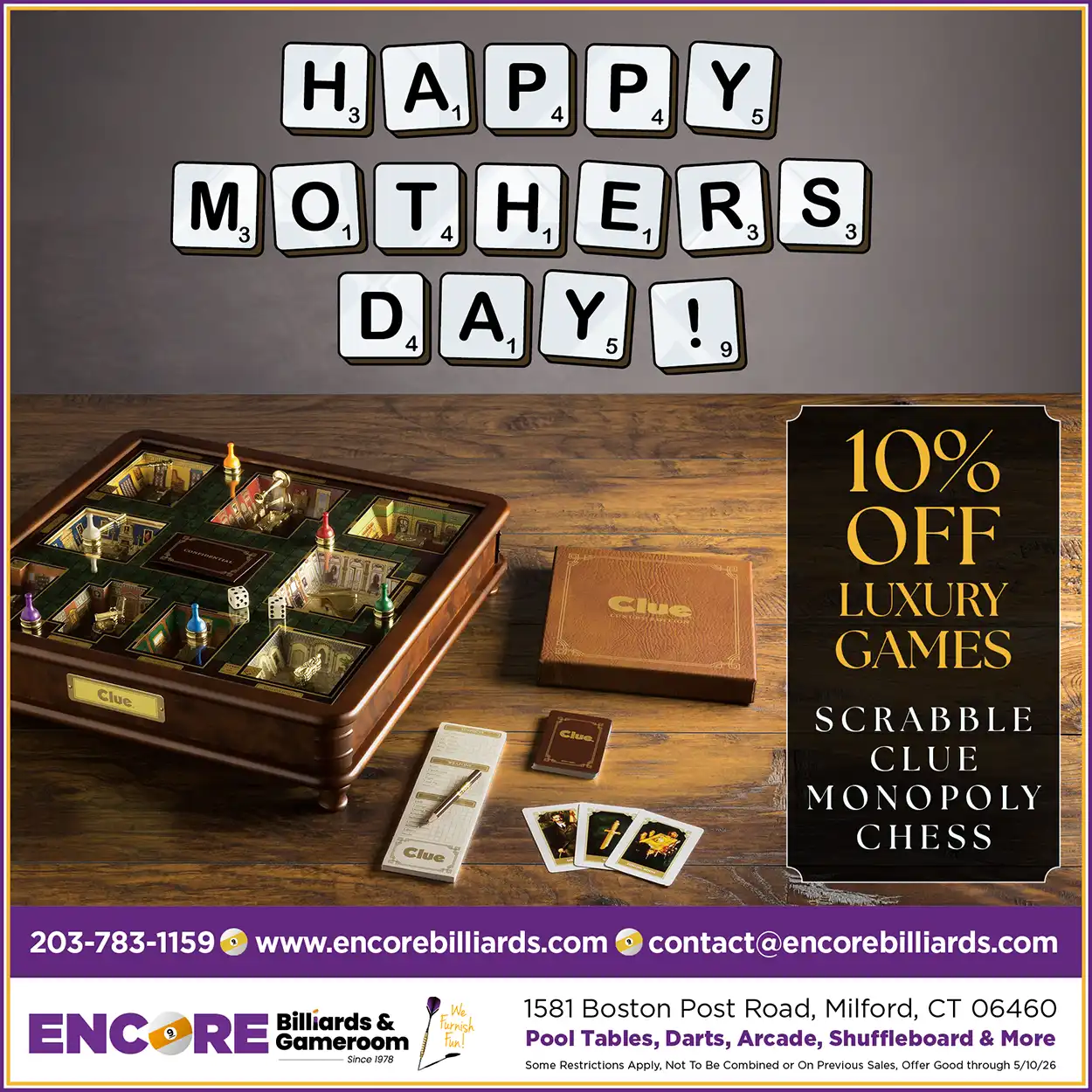 Mother's Day ad for 10% off luxury Clue, Scrabble, and Monopoly board games.