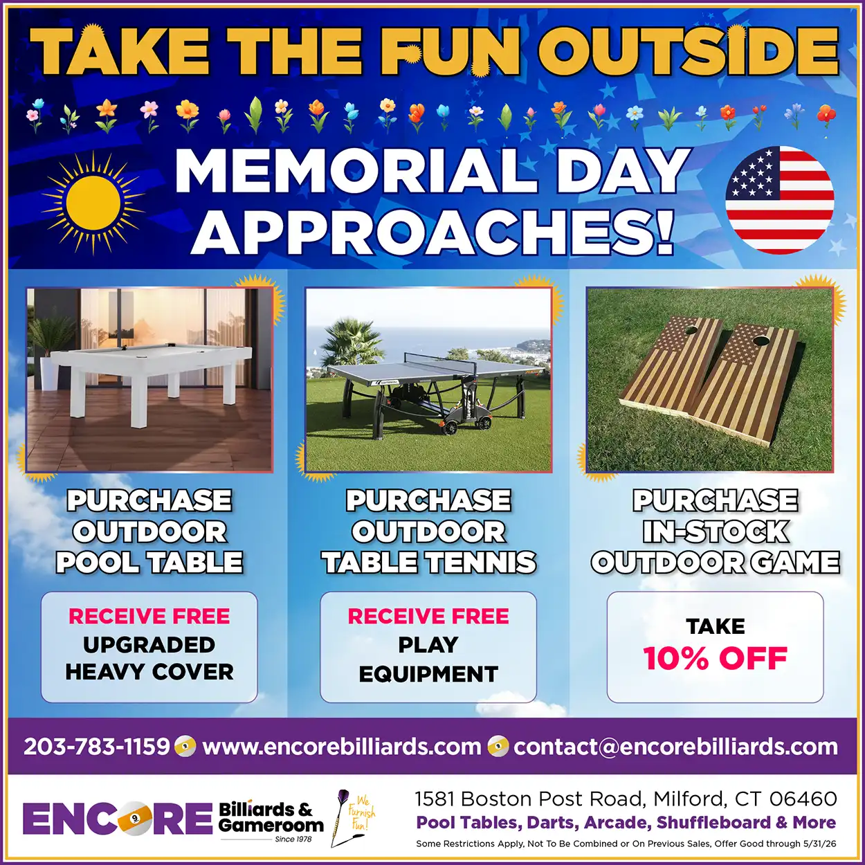 Promotional flyer for outdoor games: deals on pool tables, fooball, and other games with free accessories and discounts.