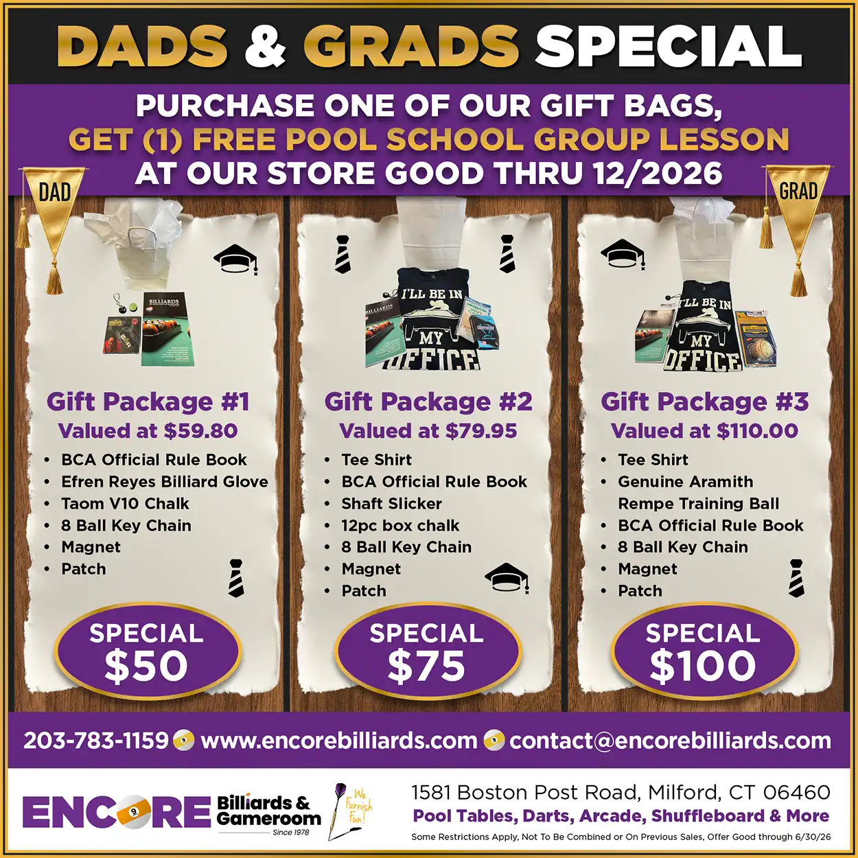 Encore Billiards Dads & Grads Special: Purchase a $50, $75, or $100 gift package of pool accessories and receive a free pool school group lesson!