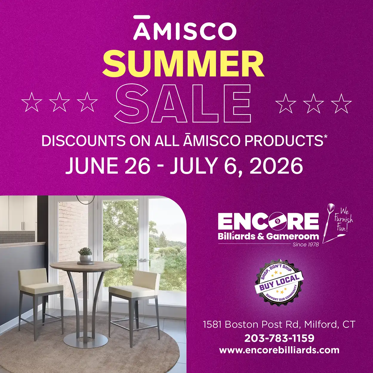 Amisco Summer Sale at Encore Billiards & Gameroom from June 26 to July 6, 2026. Discounts on all products. Shows modern Amisco pub table and chairs.