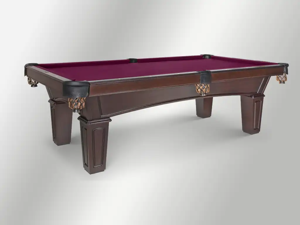 8-foot Olhausen Belmont pool table in an original cherry finish featuring a burgundy felt top, leather drop pockets, and paneled legs.