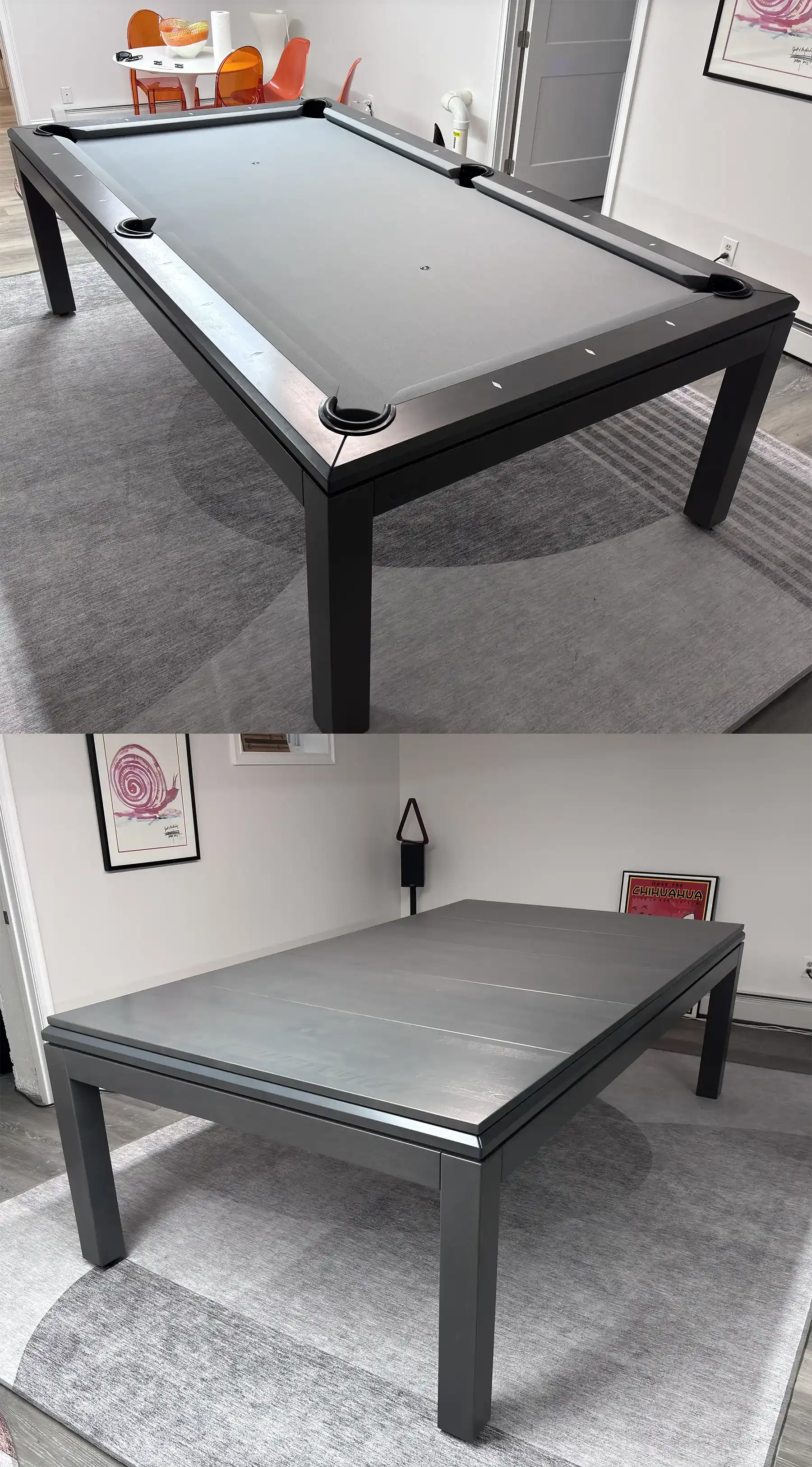 Split view of a modern grey convertible pool table showing the open grey felt playing surface alongside the fully covered dining top.