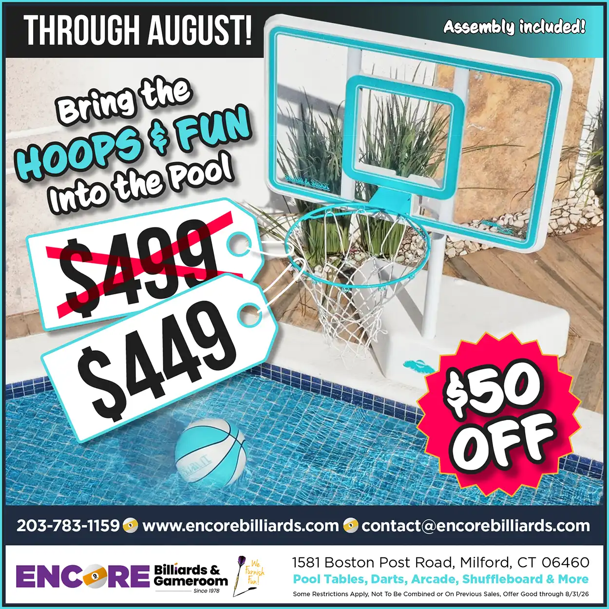 Promotional graphic featuring a poolside basketball hoop on sale for $449 with $50 off through August.