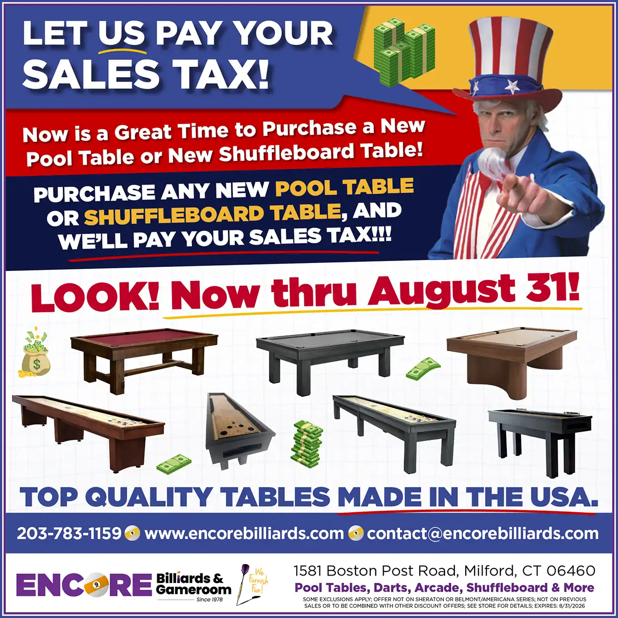 Purchase any new Pool Table or shuffleboard table, and we’ll pay your sales tax!!!