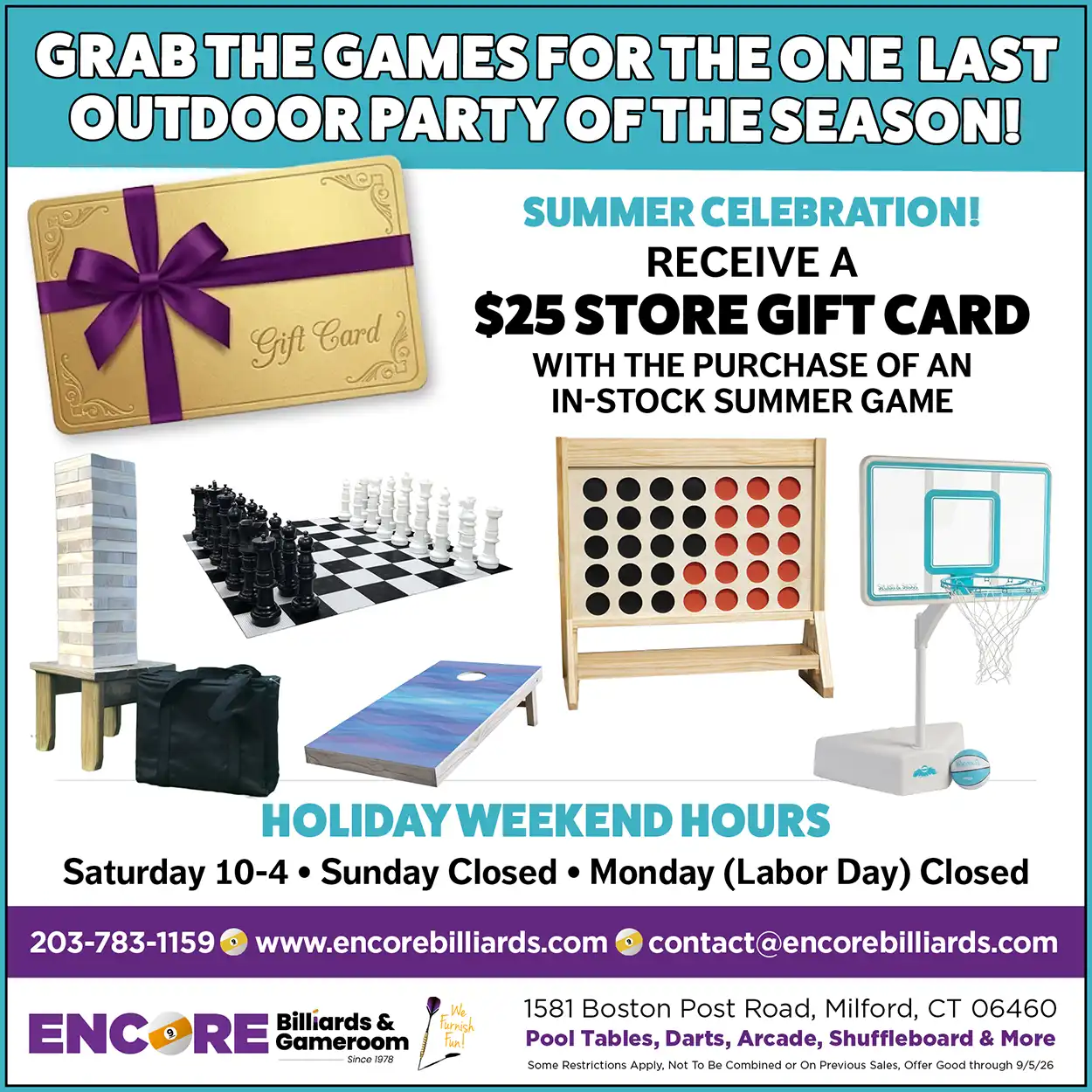 Summer sale offering a $25 gift card with outdoor lawn games like giant chess, cornhole, connect four, and basketball.