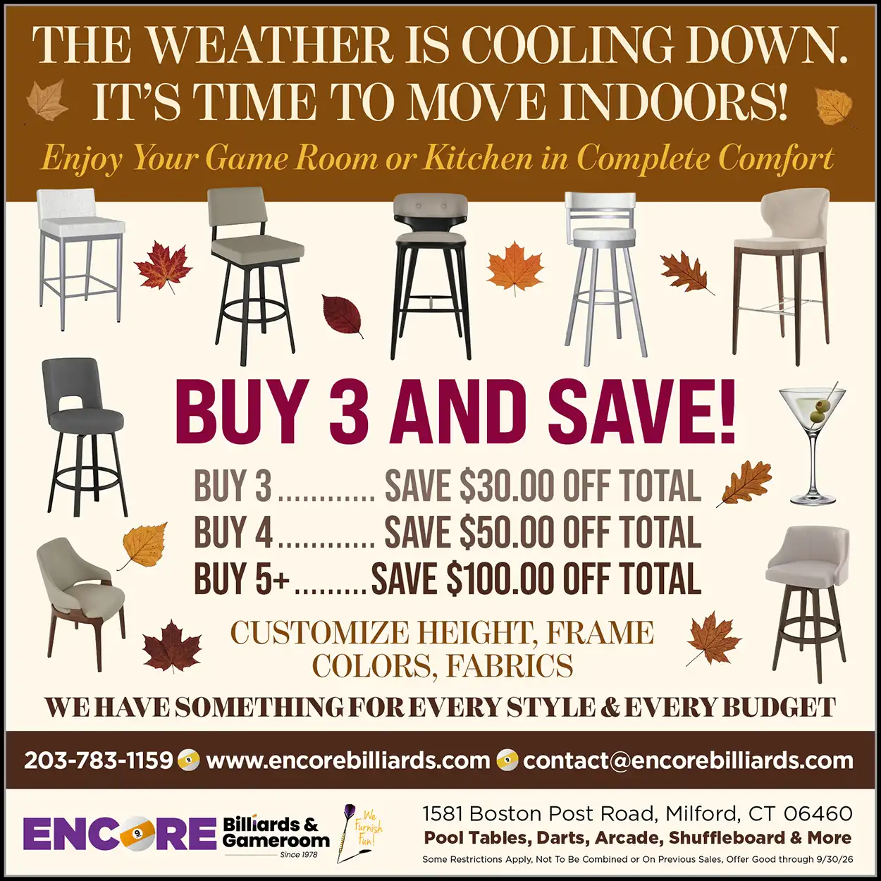 Fall stool sale ad promoting customizable bar stools with discounts up to $100 off purchases of 5 or more