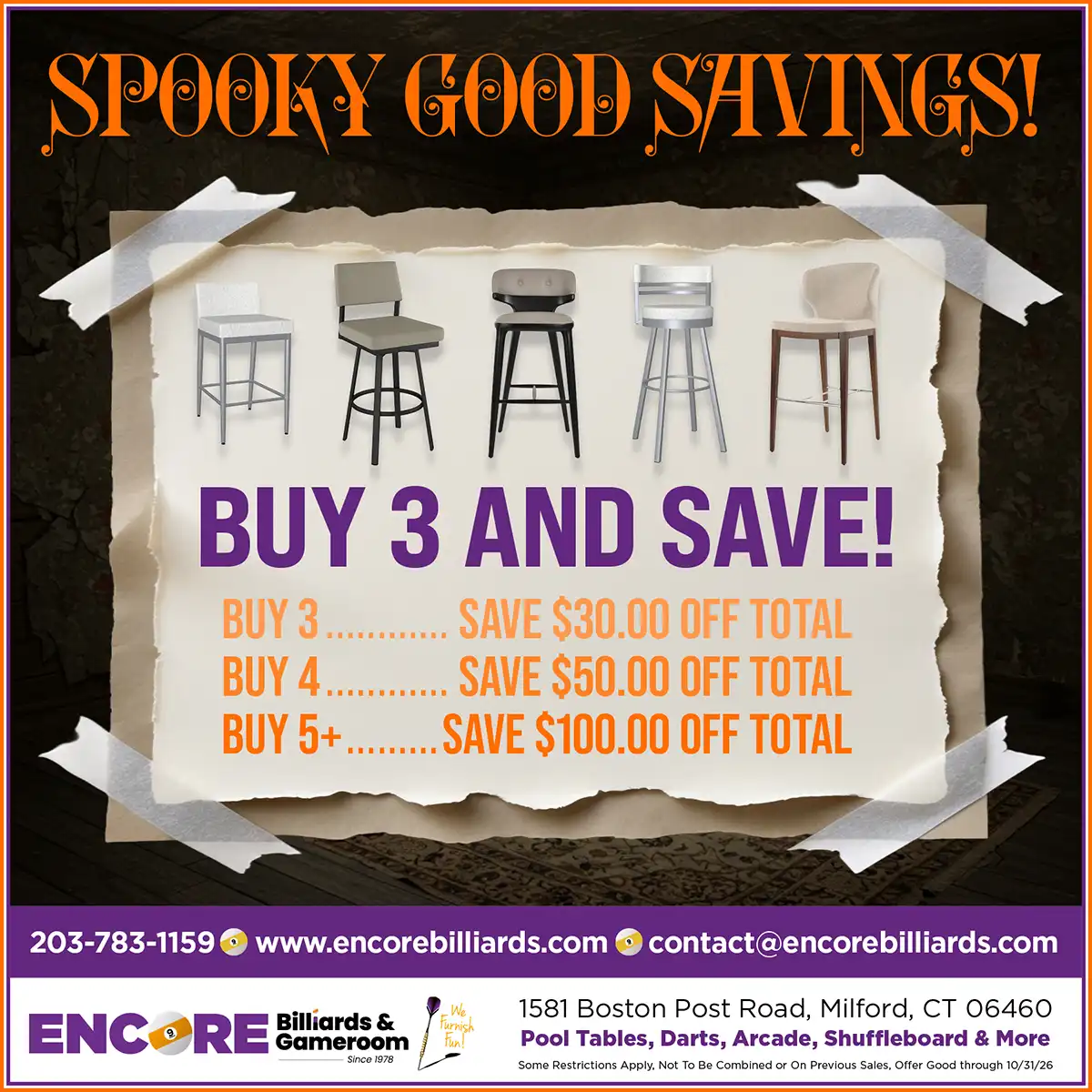 Sale promo on barstools offering up to $100 off purchases of 5 or more with tiered discounts on gameroom seating.
