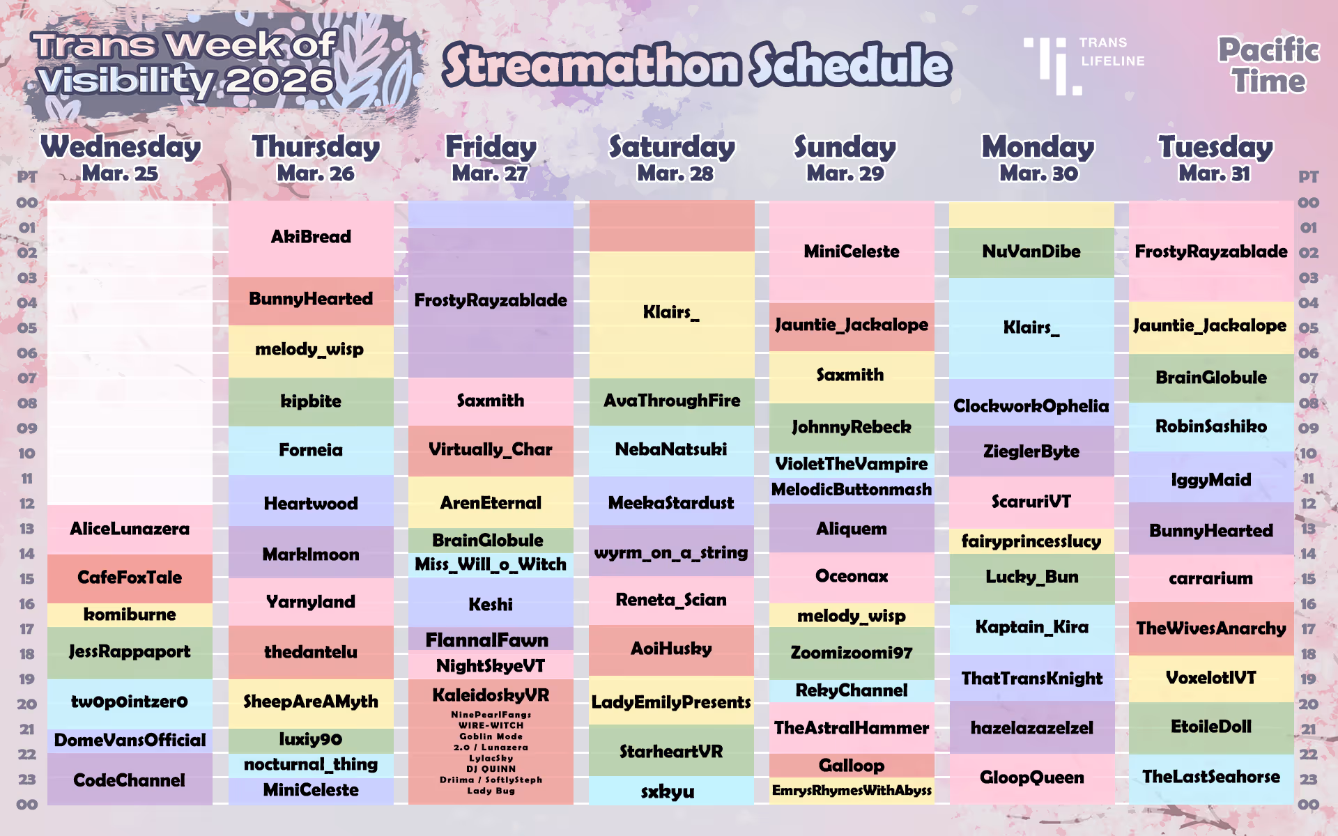 Streamathon schedule for Trans Week of Visibility 2026, hosted by TransLifeline.