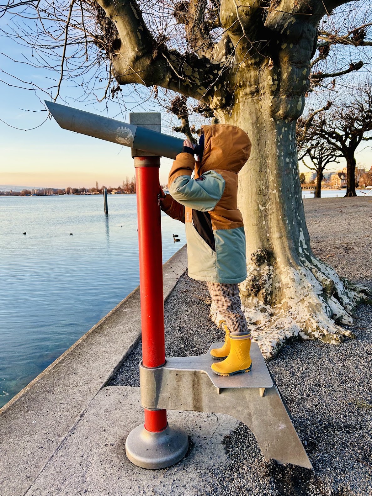 A child looking through a telescope by the lake