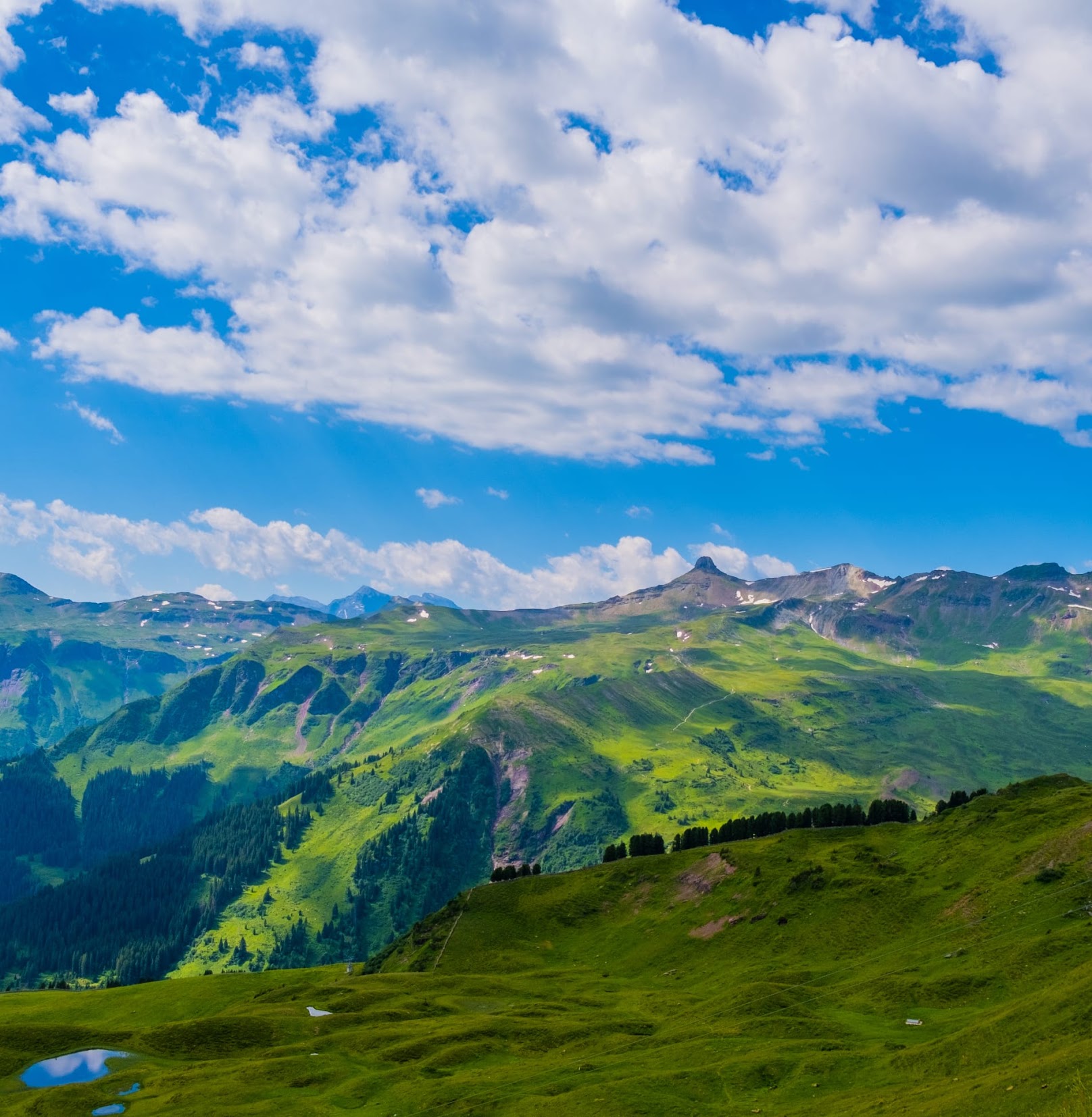 Green alpine valley under a blue sky with white clouds
