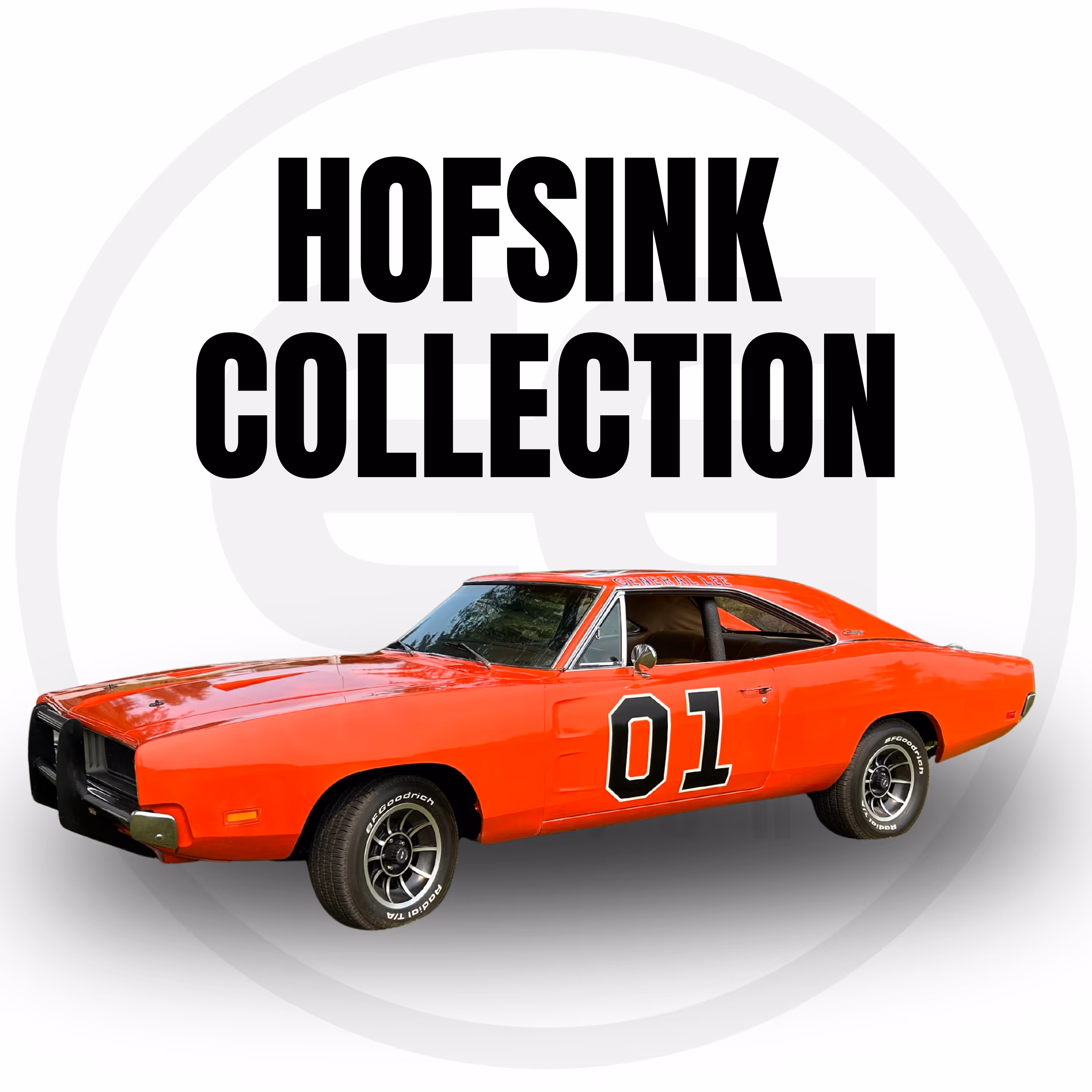 Orange car with white background and text saying "Hofsink Collection"