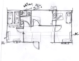Syrian asylum seeker mapping his shelter unit on a blank page (Samos, 2022)