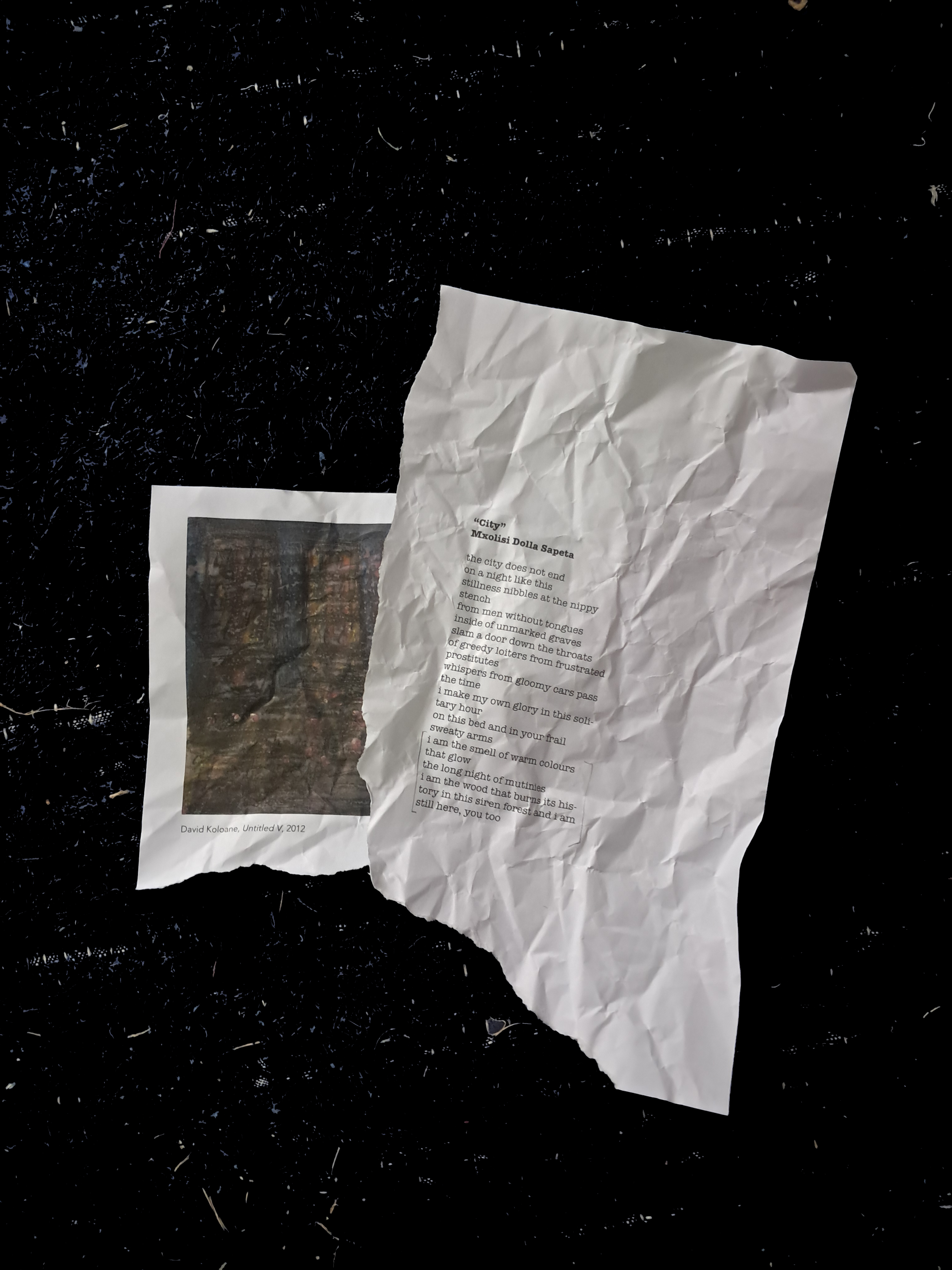 An image depicting a poem titled 'City' by Mxolisi Dolla Sapeta, and a photograph by David Koloane