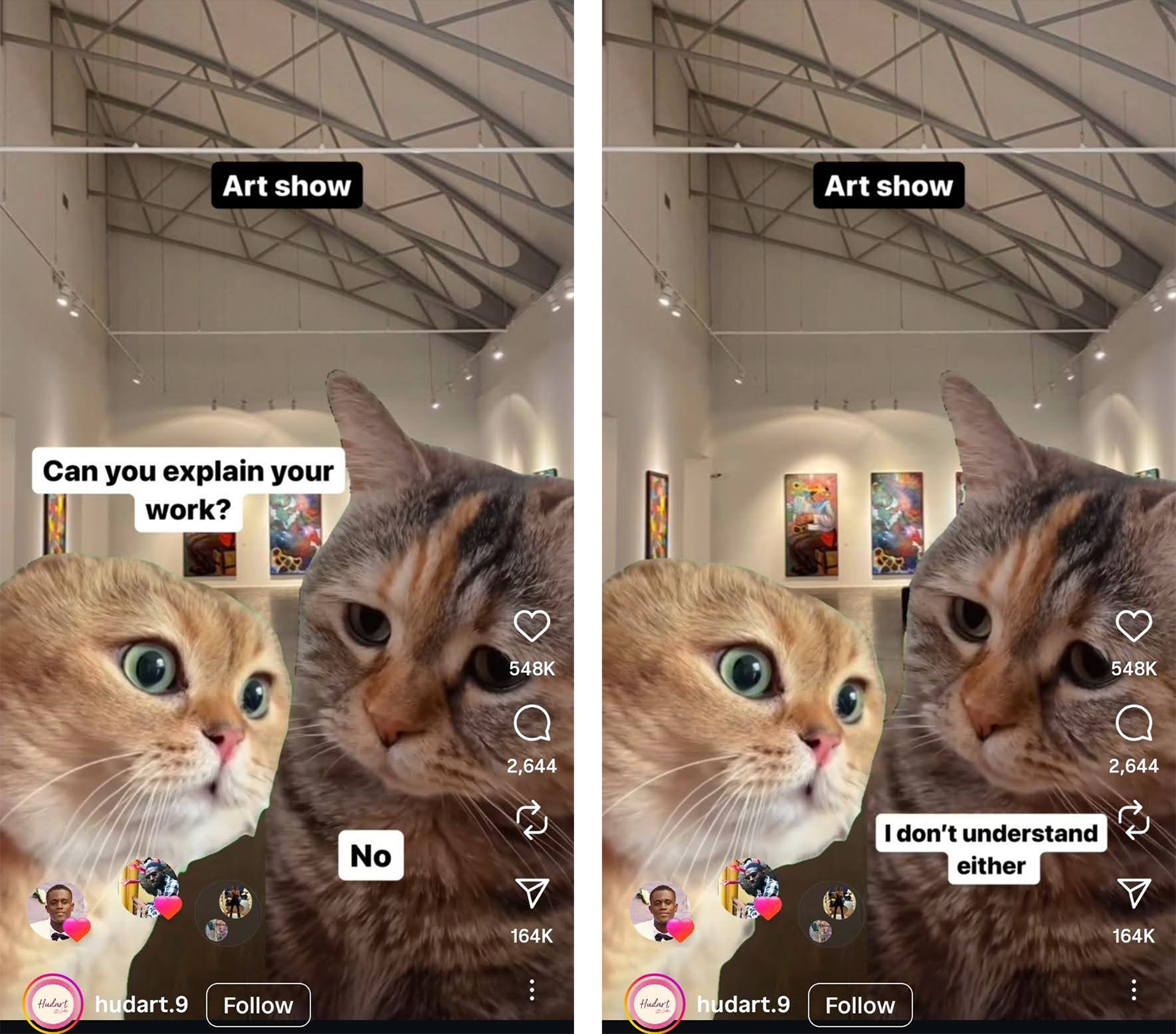 Figure 1: Cats dialogue at an art show. Screenshot. Source: (hudart.9, 2023).