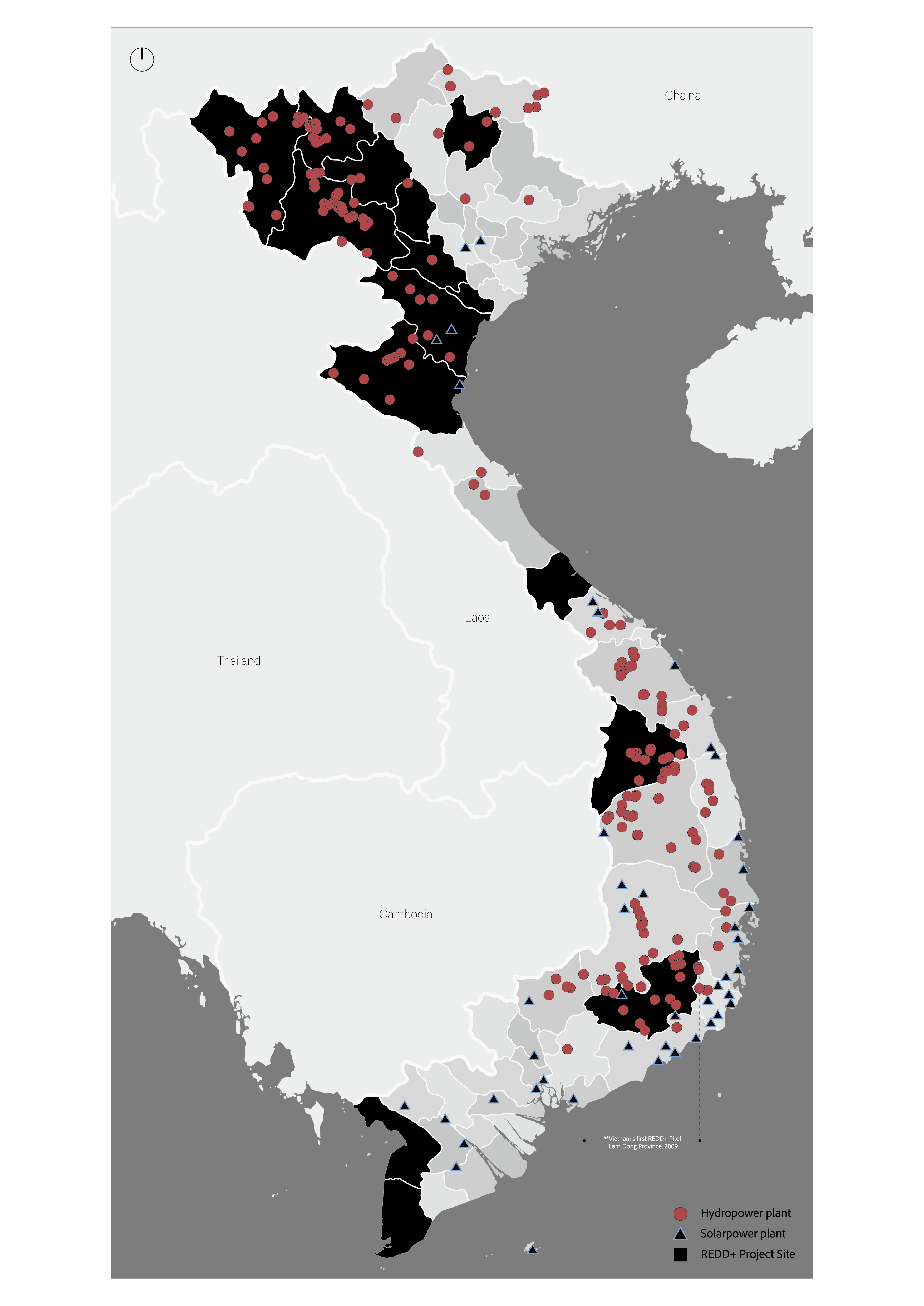 Spatial distribution of REDD+ project sites and energy infrastructures across Vietnam