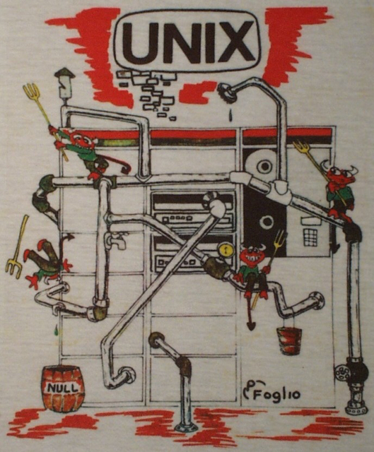 BSD daemon illustration by Phil Foglio, originally created as an early visual representation of the Unix daemon and first used on a UNIX T-shirt.