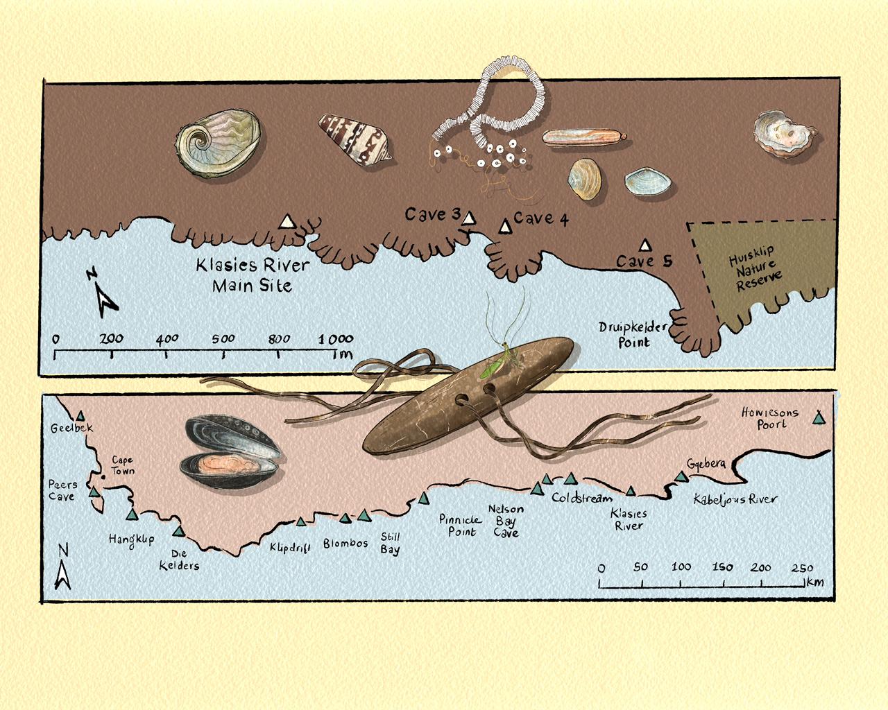 Map drawn of the south coast showing Klasies River Caves in relation to other significant archaeological sites