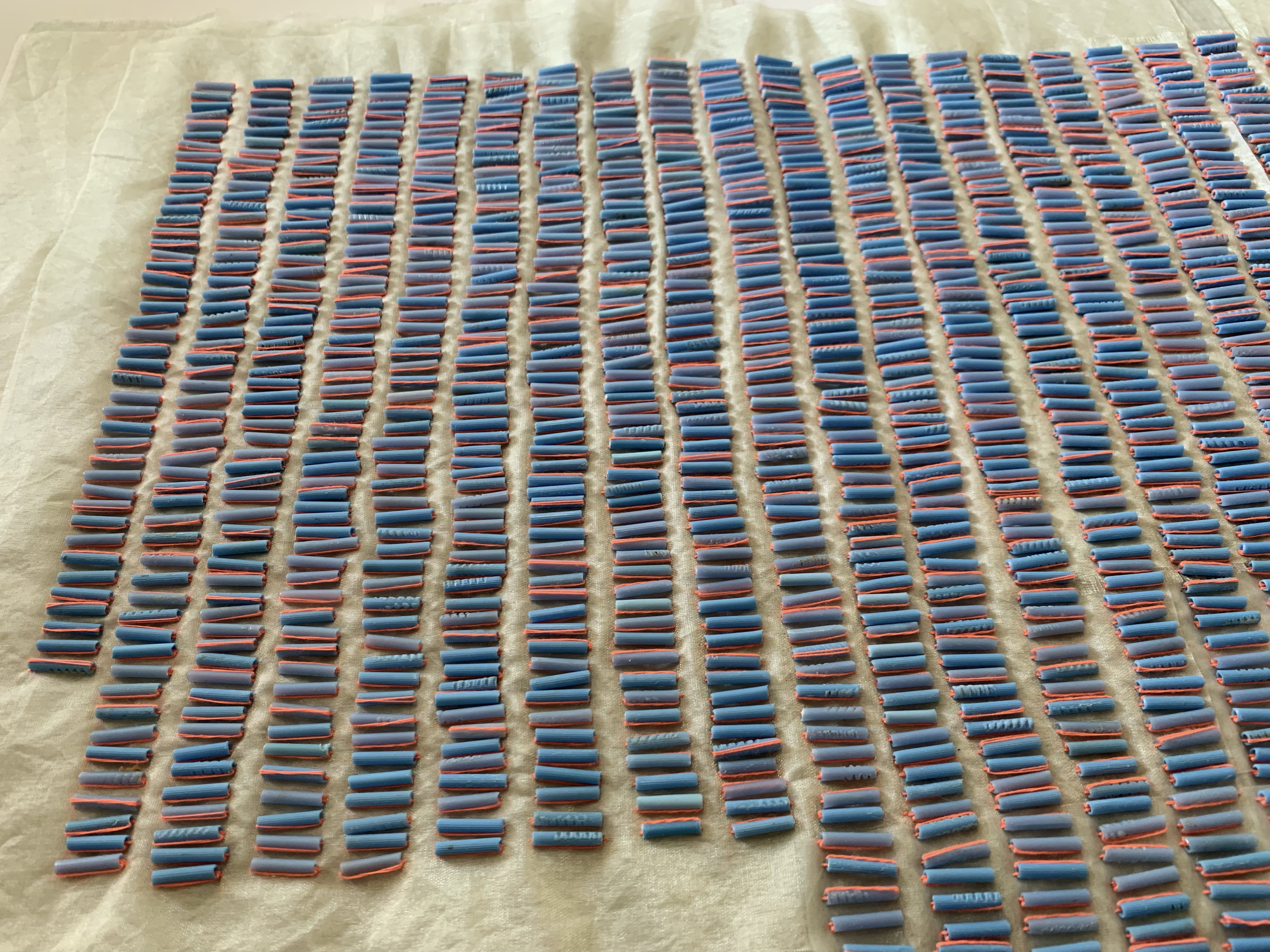 Lines for Listening, 2023 Thread and found plastic earbud sticks gathered on beaches and streets of Cape Town
46,5 x 78 x 3,5 cm