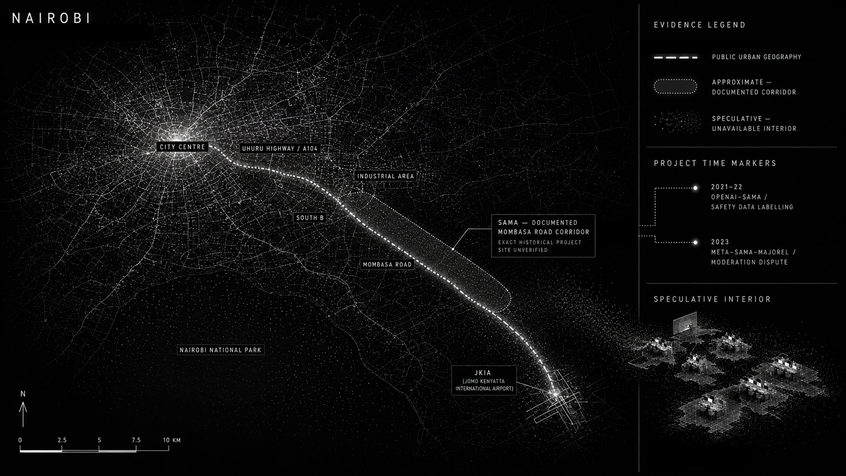 Locating AI labour: public geography, documented corridor, and speculative interior.