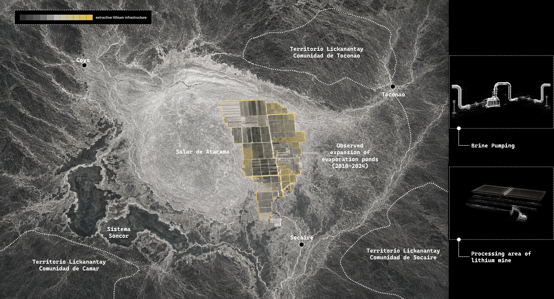 Salar de Atacama: extraction infrastructure, territorial relations and operational typologies.