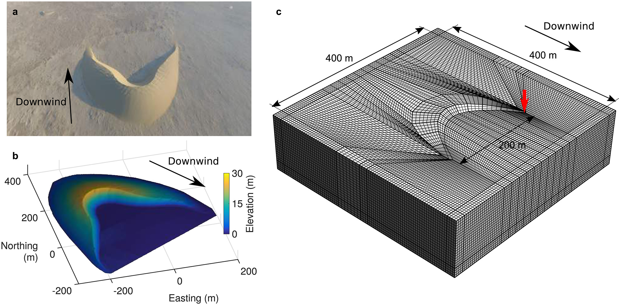 Aerial drone view and elevation profile of an isolated Qatari barchan dune, and computer simulation and abstraction of the dune