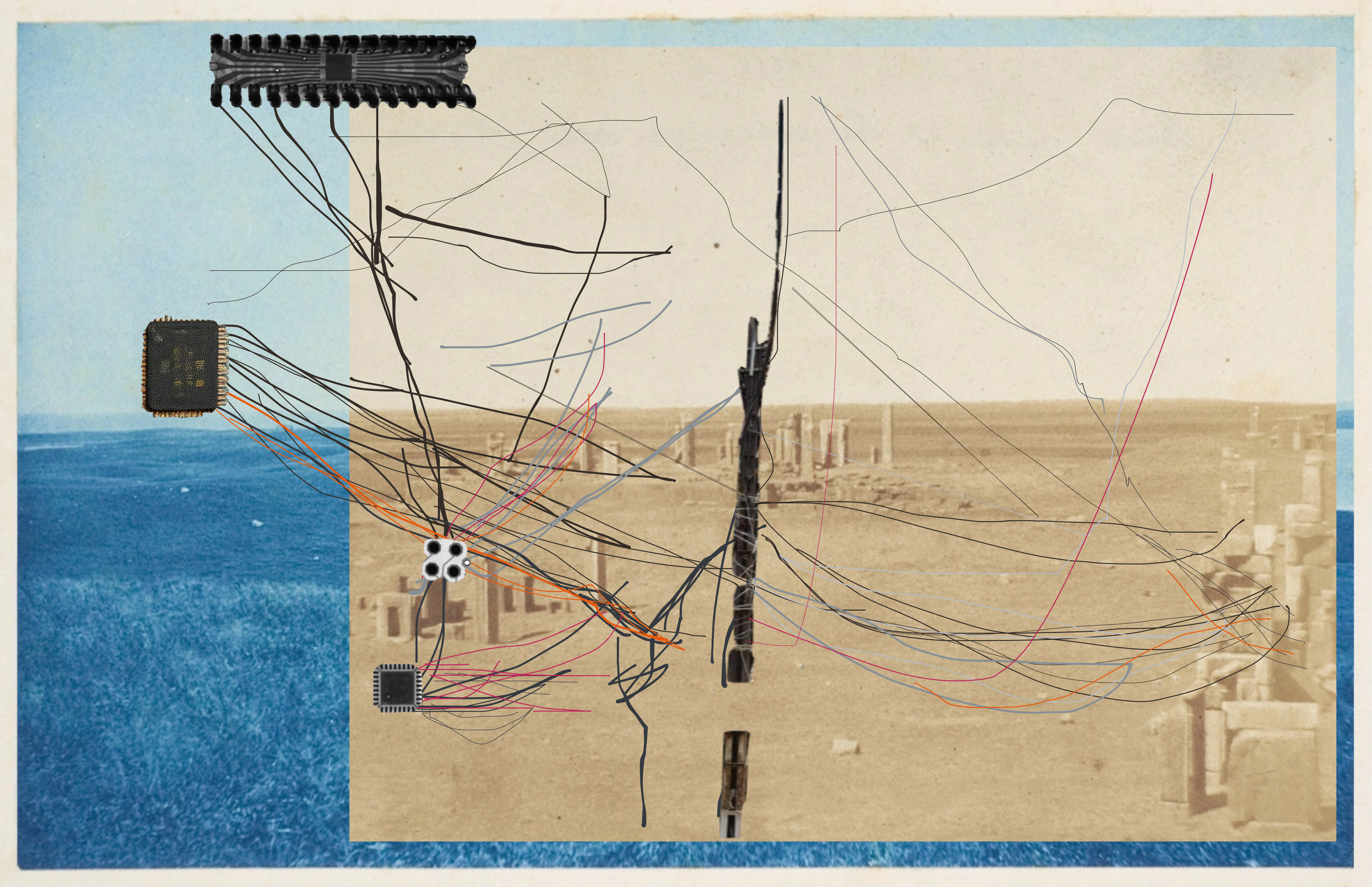 Collage tracing the chaotic tangle of electrical cables found in the Burj el-Barajneh refugee camp in Beirut