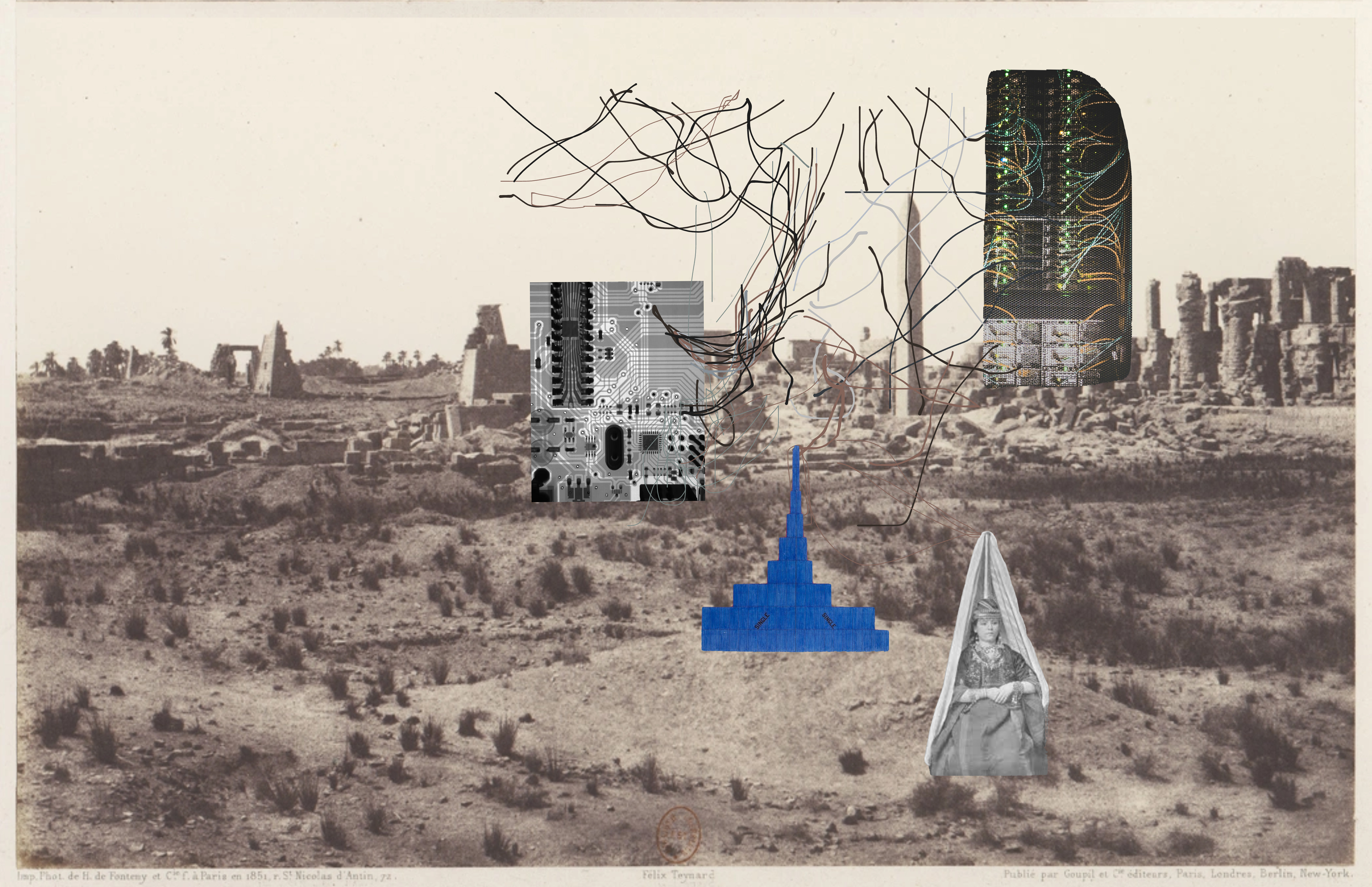 Collage tracing the chaotic tangle of electrical cables found in the Burj el-Barajneh refugee camp in Beirut