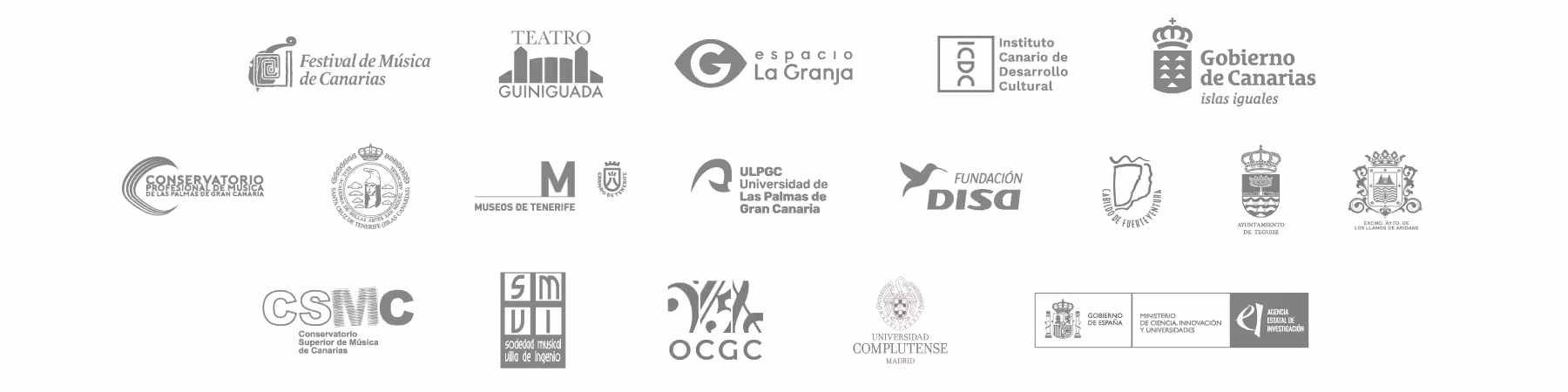 Logos del: Conservatorio superior de música de Santa Cruz de Tenerife, Conservatorio profesional de música de las Palmas de Gran Canaria, Conservatorio Superior de Música de Canarias, Teatro Leal, Teatro Guiniguada, Espacio La Granja, Festival de Música de Canarias, Instituto Canario de Desarrollo Cultural y del Gobierno de Canarias