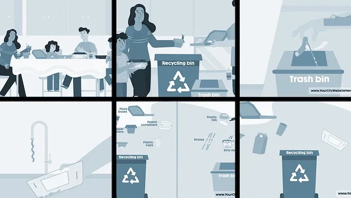 Illustrated, grayscale multi-panel graphic showing a family clearing plates and separating trash from recyclables
