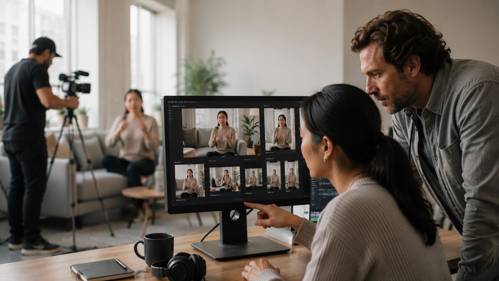 Marketing team reviewing video multiple video assets created from one project
