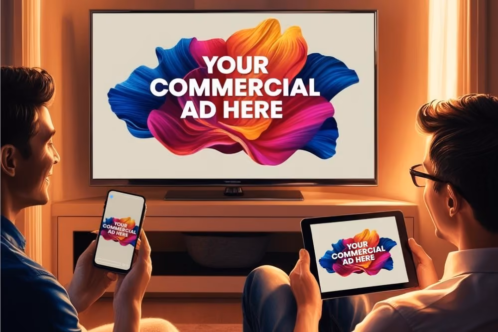 TV, Tablet, Cell phone all displaying "Your Commercial Ad Here"