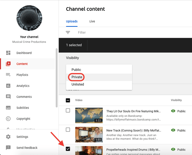 YouTube Visibility Select Private