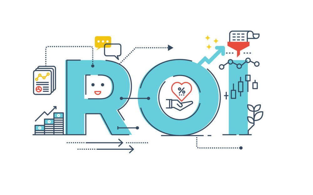 ROI : Return on investment word lettering typography design illustration with line icons and ornaments in blue theme