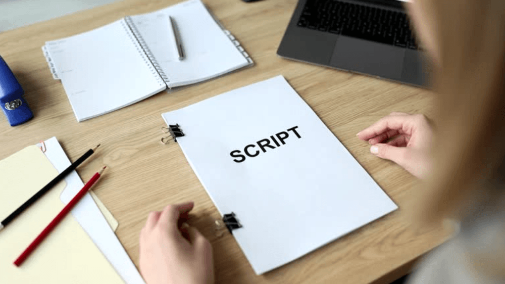Person at a desk reviewing a document labeled Script, with a notebook and laptop in the background