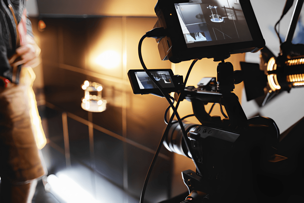 A professional video camera rig on a film set with a monitor attached, surrounded by warm studio lighting