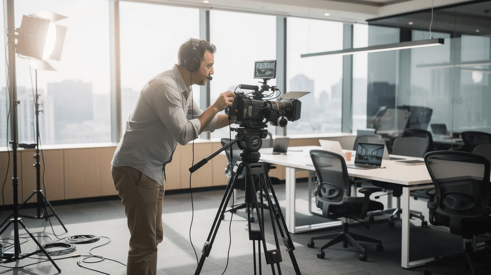 A producer is seen carefully checking the camera placement in a modern office setting, ensuring that all angles are optimal for the upcoming video shoot. This attention to detail is a crucial part of the pre-production checklist, helping to align the creative vision with the final product.