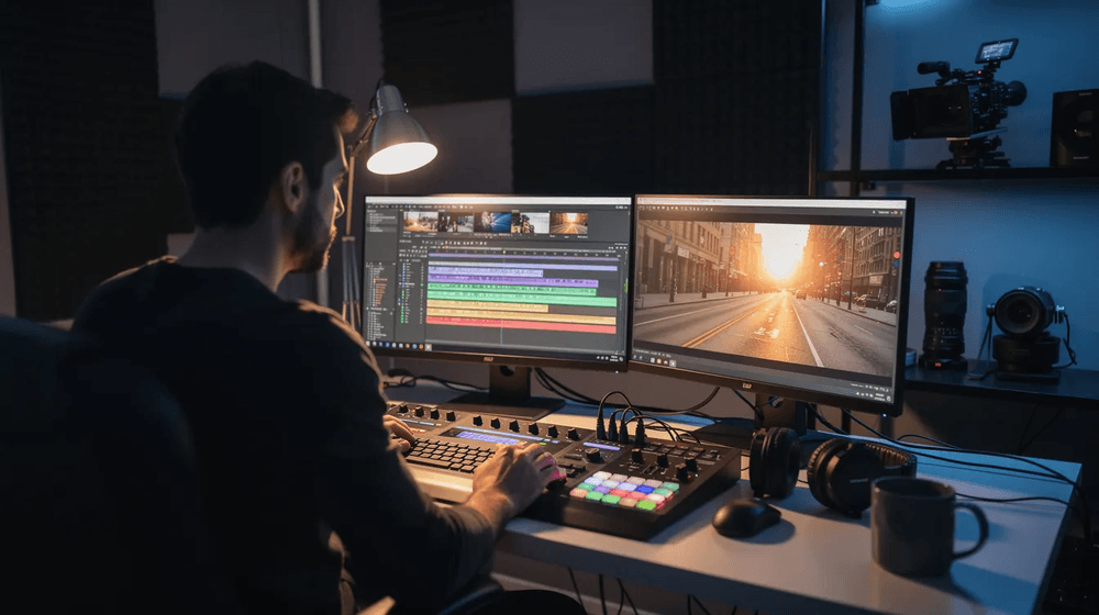 A video editor is intently reviewing raw footage on a workstation, surrounded by editing tools and equipment, as part of the video production process. The editor is focused on fine-tuning the footage to align with the creative vision for the final product, ensuring that all elements of the project are organized and on track for completion.