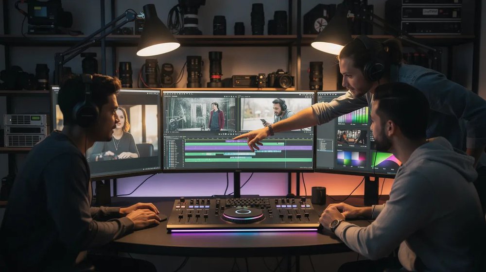 A creative team is collaborating on a video production project, utilizing professional equipment to edit high-quality video content. They are focused on enhancing their video marketing strategy to improve viewer engagement and measure ROI for their video marketing efforts.