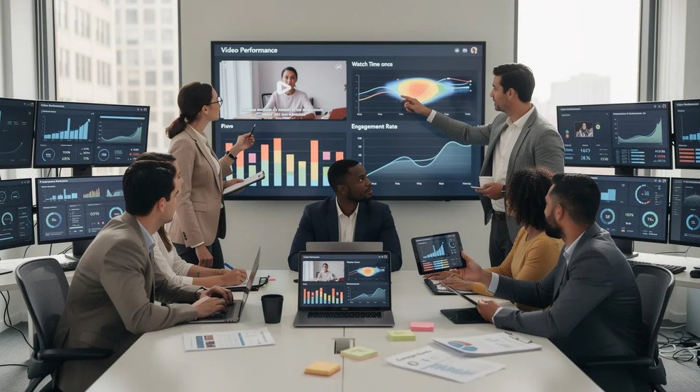 A marketing team is gathered around multiple screens, analyzing video performance data to assess their video marketing efforts. They focus on key metrics such as viewer engagement and conversion rates to inform their video marketing strategy and measure ROI.
