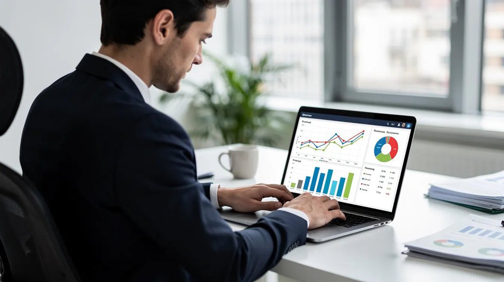 A business professional is focused on reviewing analytics data on a laptop, where various graphs and charts illustrate key performance indicators related to their video marketing strategy. This data analysis helps them refine their content marketing efforts and understand their target audience for improved business growth.