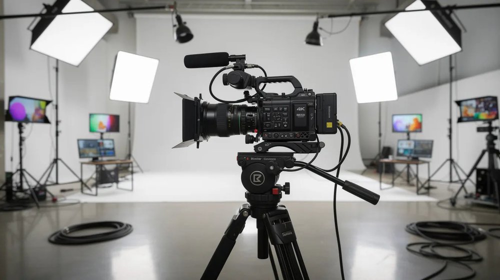 A professional video camera is mounted on a sturdy tripod in a bright production studio, surrounded by lighting rigs and monitors, emphasizing the importance of high-quality video content for effective video marketing strategies. This setting highlights the meticulous planning and execution involved in creating engaging video content to boost brand awareness and drive business growth.