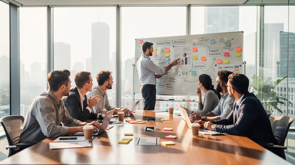 A team of marketing professionals is gathered around a conference table, actively collaborating on a video marketing strategy, with a whiteboard filled with ideas for their content marketing plan. They are discussing how to create engaging video content that resonates with their target audience and drives business growth.