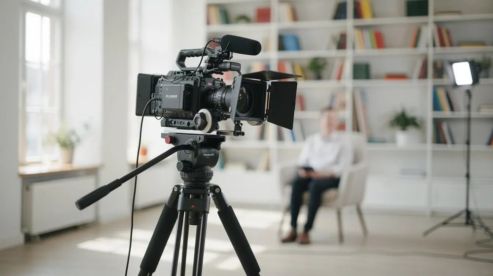 The image shows a camera on a tripod focused on capturing an interview in a bright room filled with bookshelves, highlighting the behind-the-scenes aspect of nonprofit video production. This setup is essential for creating impactful videos that tell compelling stories for nonprofit organizations.