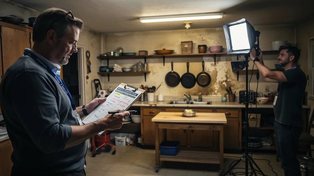 A producer is intently reviewing a shot list on a clipboard while a camera operator adjusts the lighting in a small community kitchen, illustrating the collaborative nature of the nonprofit video production process. This scene captures the meticulous planning involved in creating impactful videos for nonprofit organizations.
