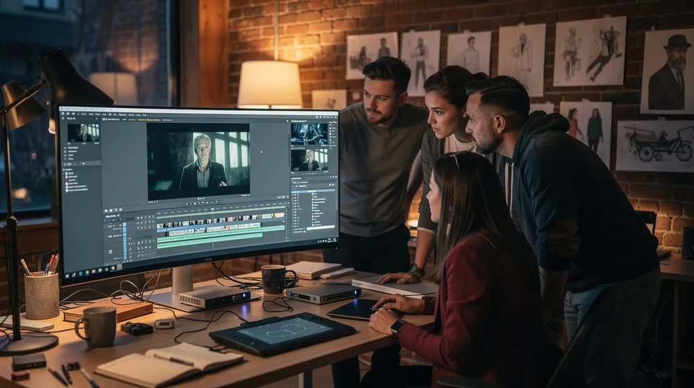 A diverse team of young adults is gathered around a large monitor in a creative workspace, reviewing video footage together as part of their video marketing campaign. They are engaged in a conversation about new ideas and strategies to create engaging content for social media platforms, focusing on how to effectively reach their target audience.