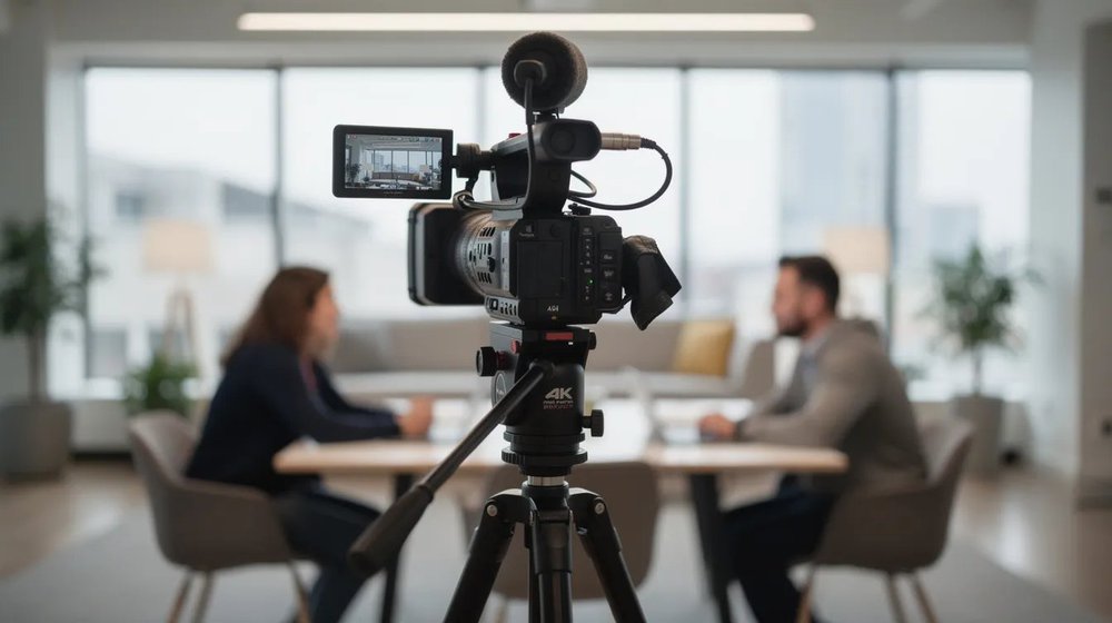 A professional video camera is focused on two people engaged in a conversation within a bright and open workspace, capturing footage that could be used for a campaign video aimed at young adults on social media platforms. The scene conveys a sense of collaboration and creativity, ideal for producing engaging video content that resonates with the target audience.