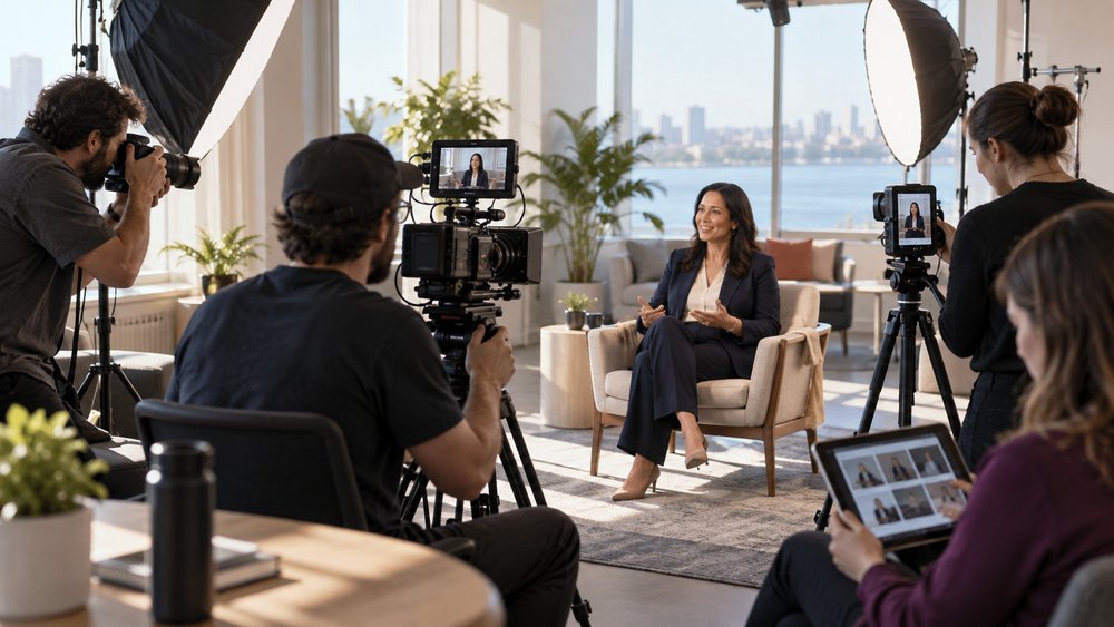 Video production team capturing multiple marketing assets from one coordinated interview setup