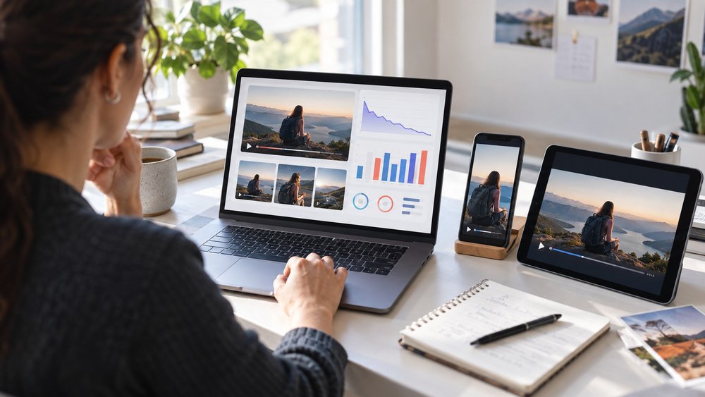 Marketing professional reviewing video campaign performance and cross-platform video formats