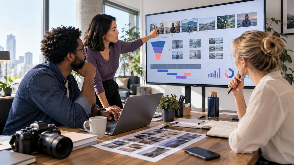 a marketing team mapping a video campaign across content, funnel stages, distribution, and performance.