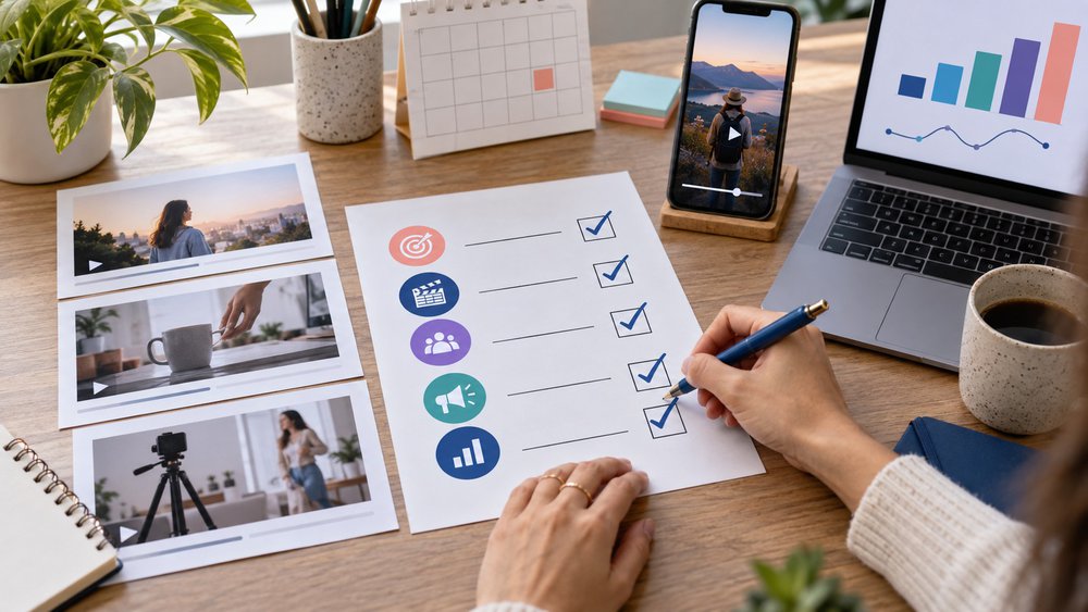 Marketing professional completing a video marketing strategy checklist with campaign assets and performance data